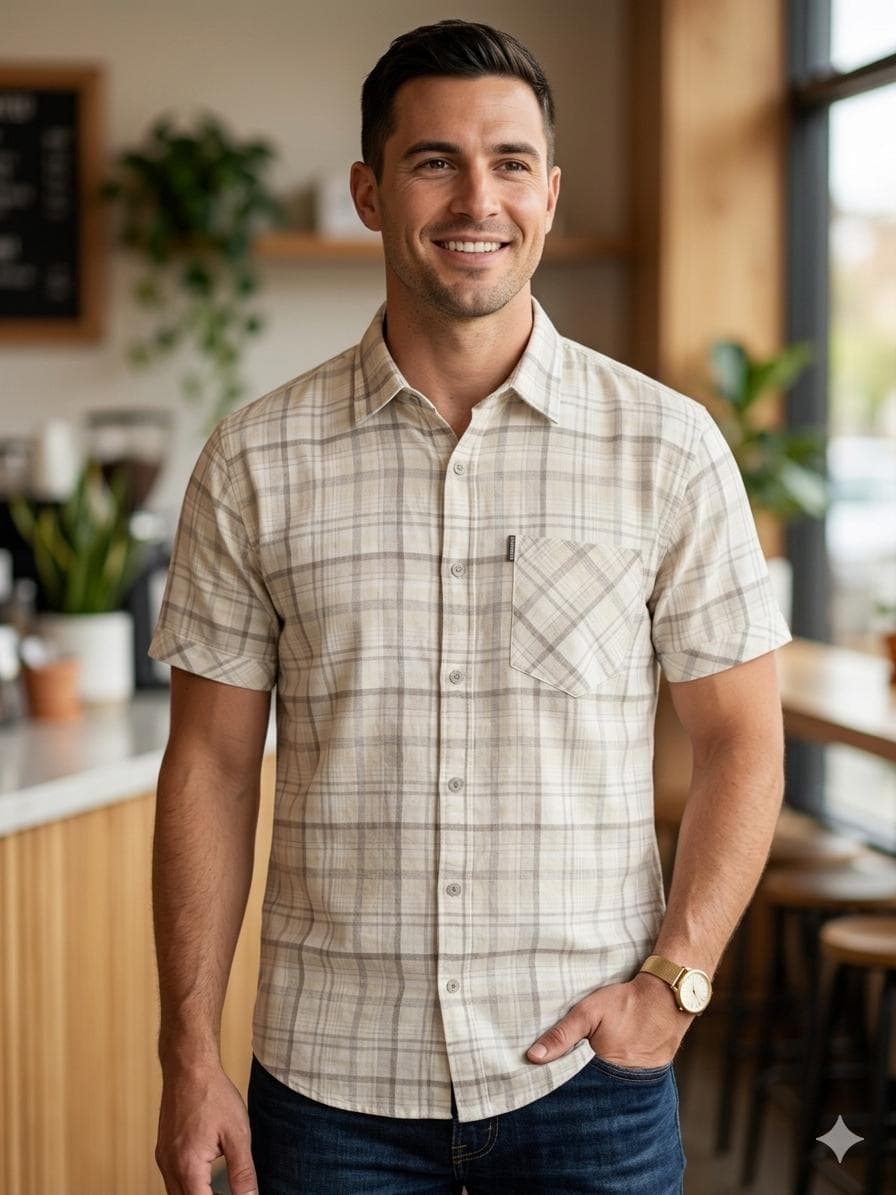 Santigo Coffee-House Checked Half-Sleeve Shirt — Beige