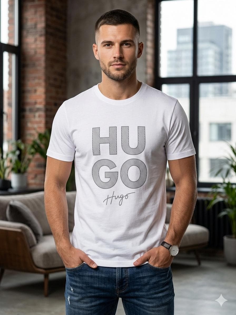 Hugo Statement Logo Crew Tee — White