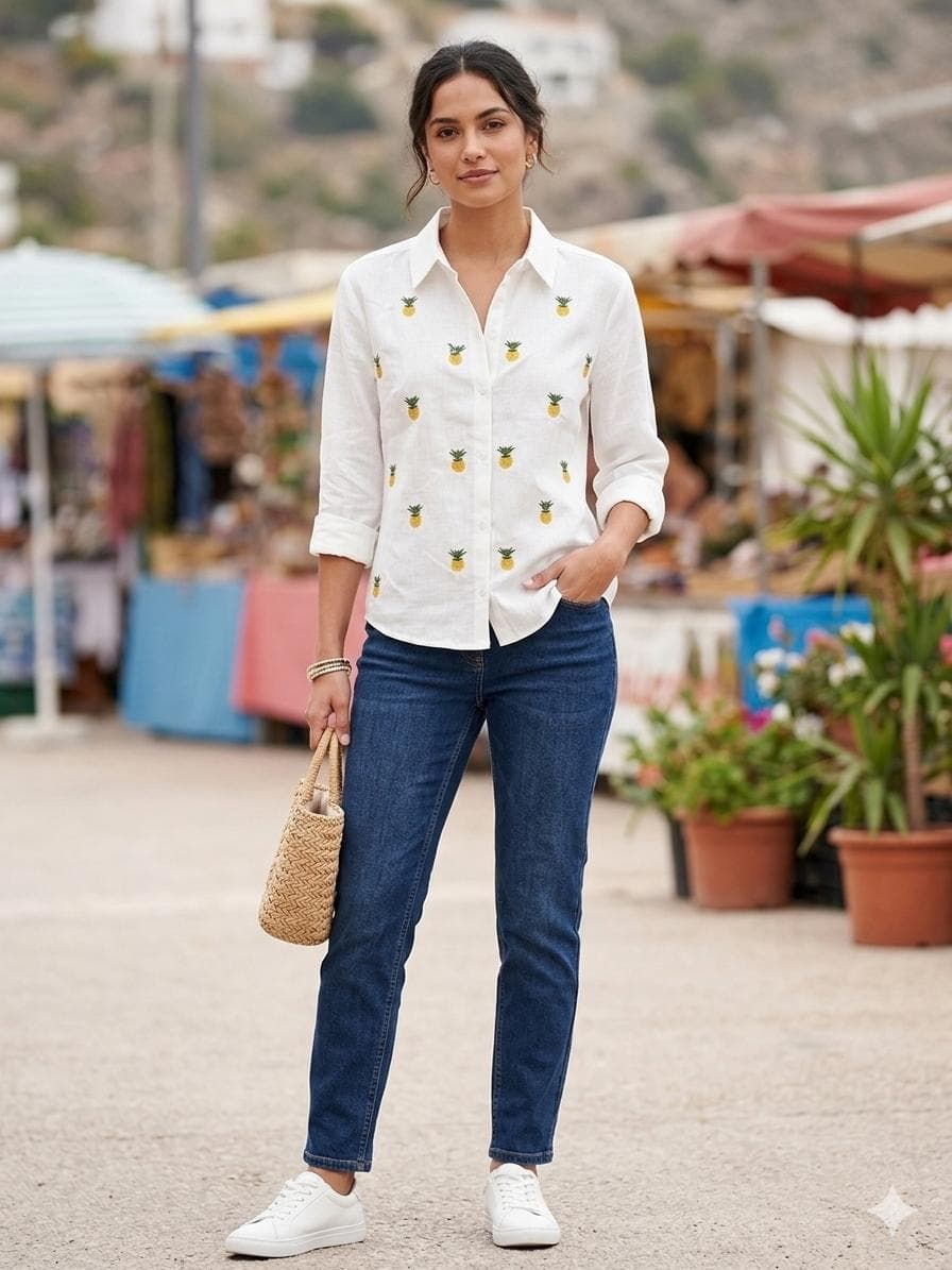 Pineapple Embroidered Linen-Blend Shirt — Ivory