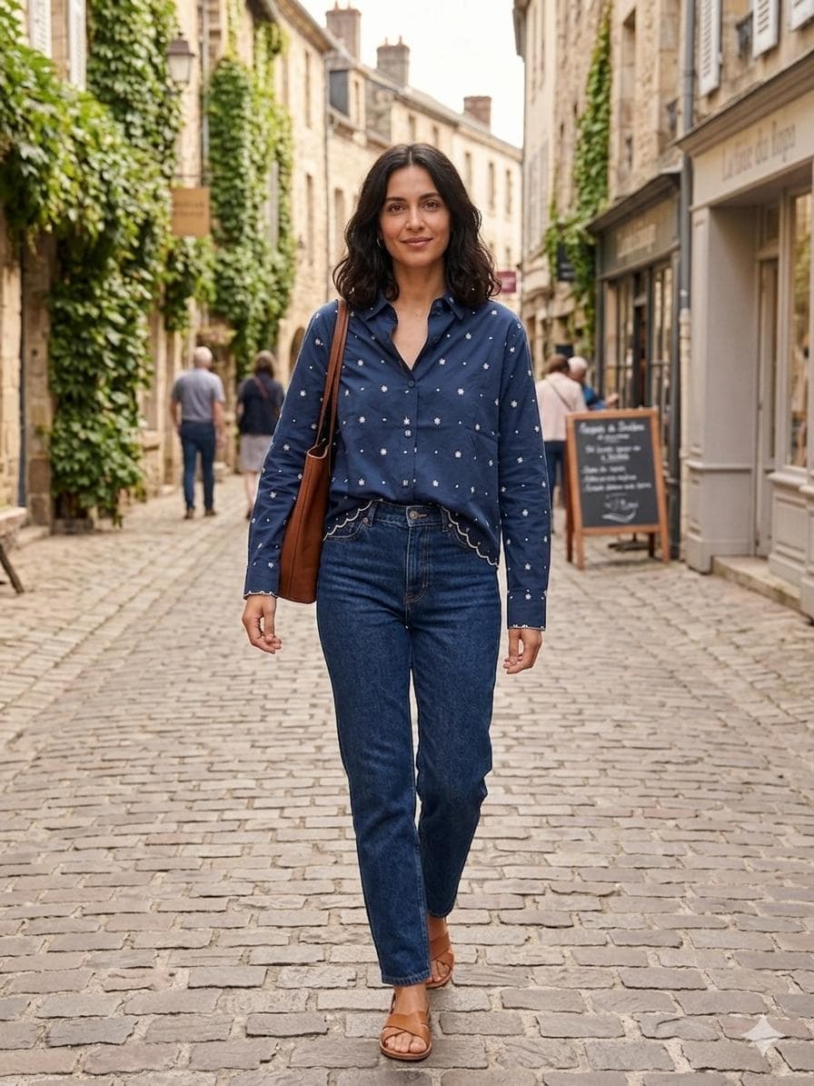 Midnight Daisy Embroidered Shirt — Navy