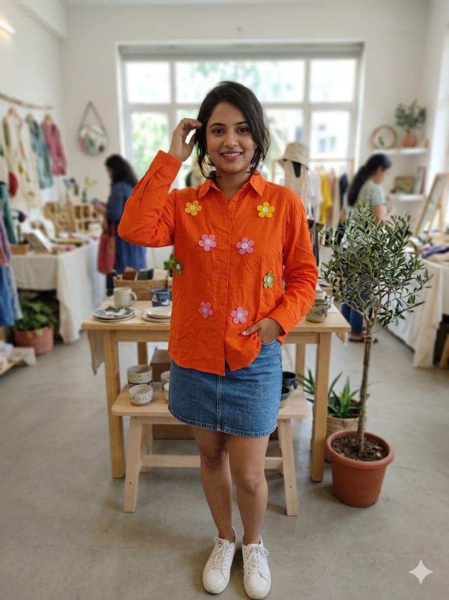 Marigold Bloom Applique Shirt — Tangerine